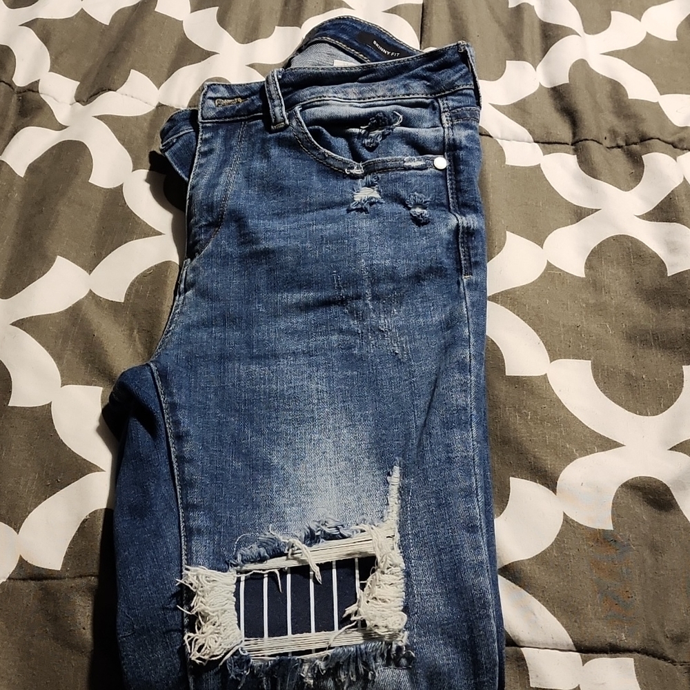 JUDY BLUE Skinny Fit Blue White Striped Patchwork Distressed Denim